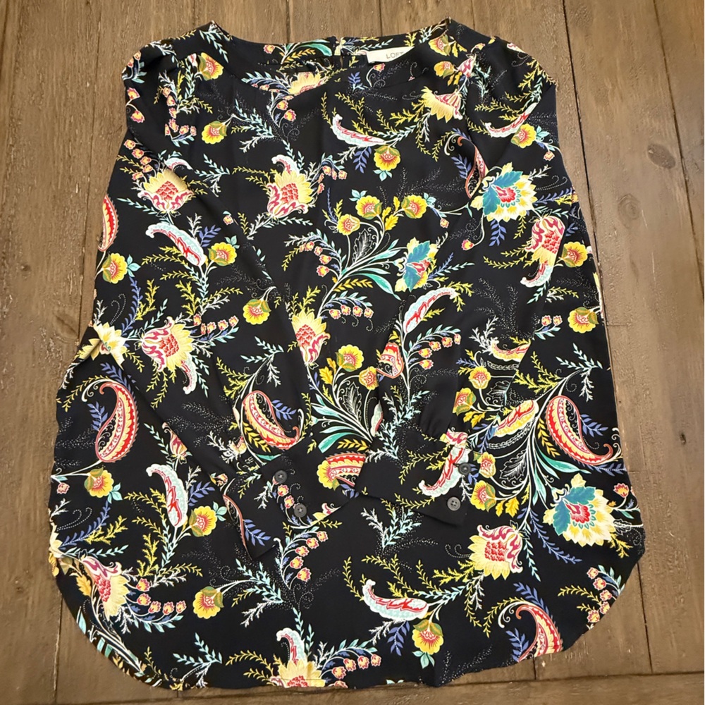 LOFT Black Blouse with Colorful Floral Design